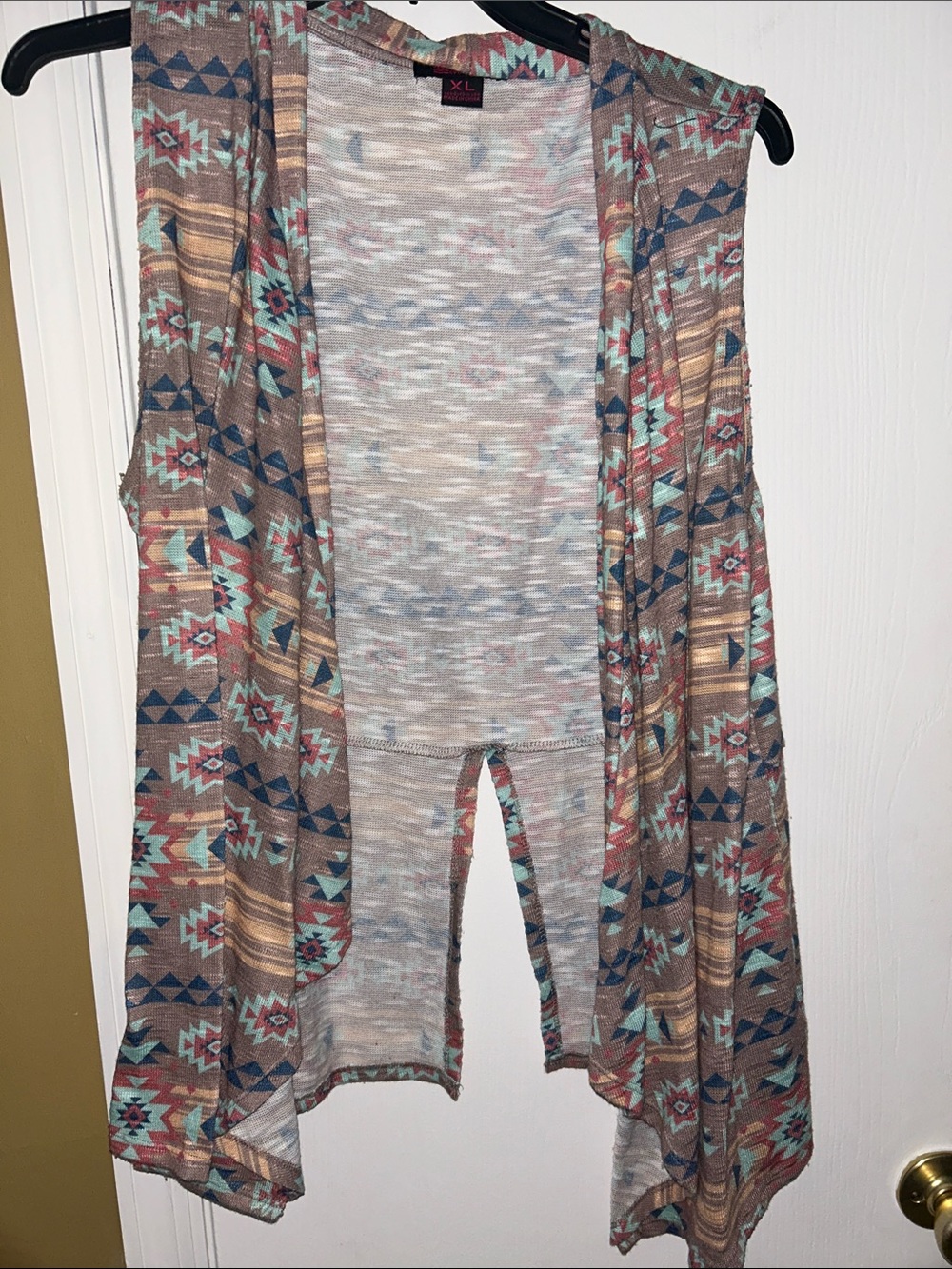 Rock & Roll Cowgirl Brown Aztec Print Sleeveless Draped Cardigan Vest